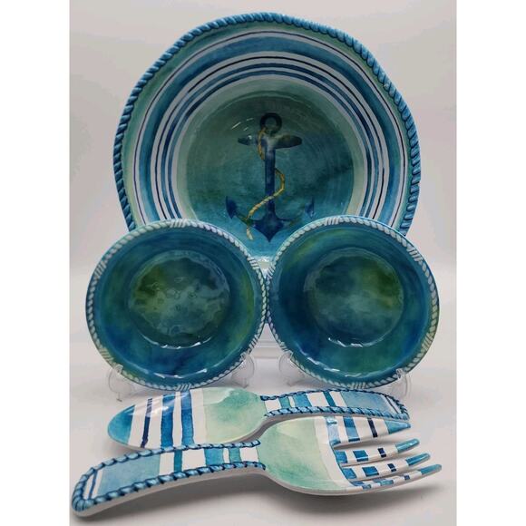 Salad Serving Set Cynthia Coulter Nautical Ocean Seaside Blue Stripes July 4th - Picture 2 of 15